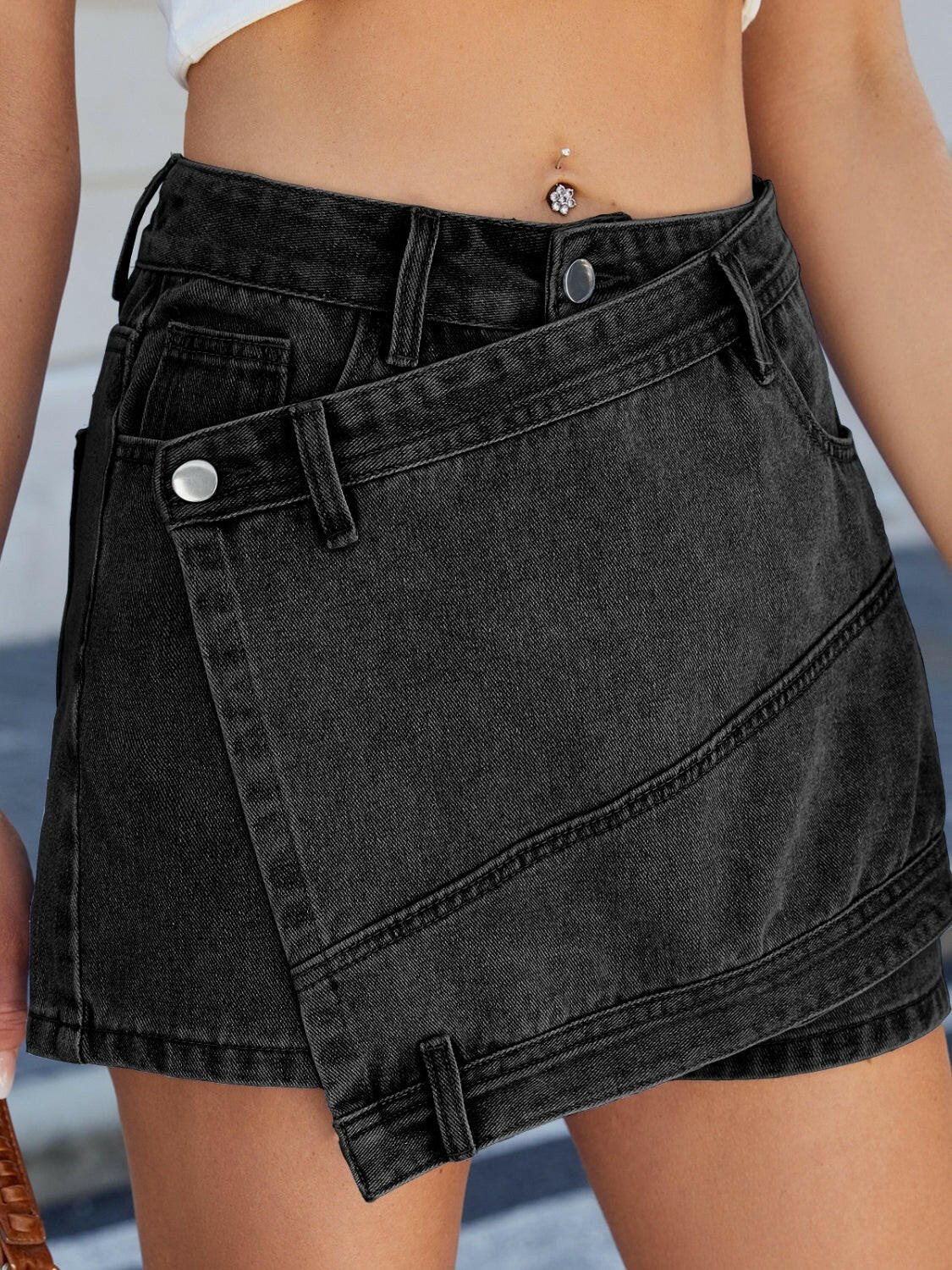 Asymmetrical Denim Skort with Pockets - StyleLure