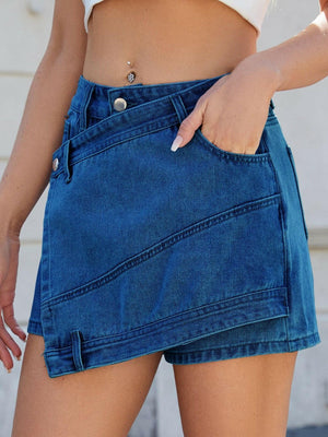 Asymmetrical Denim Skort with Pockets - StyleLure