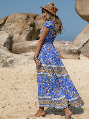 Printed V-Neck Cap Sleeve Midi Dress - StyleLure