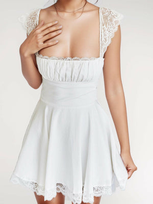 Lace Detail Square Neck Cap Sleeve Mini Dress - StyleLure