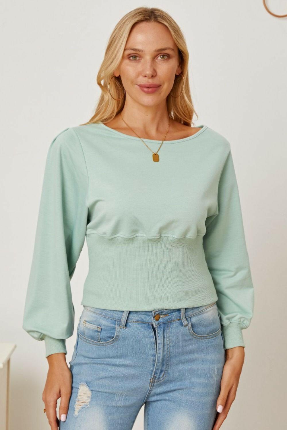 Boat Neck Lantern Sleeve Blouse - StyleLure