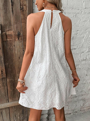 Eyelet Grecian Neck Mini Dress - StyleLure