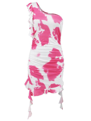 Ruffled Tie-Dye Single Shoulder Mini Dress - StyleLure