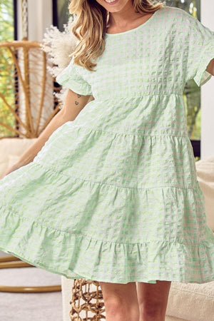 Textured Short Sleeve Tiered Mini Dress - StyleLure