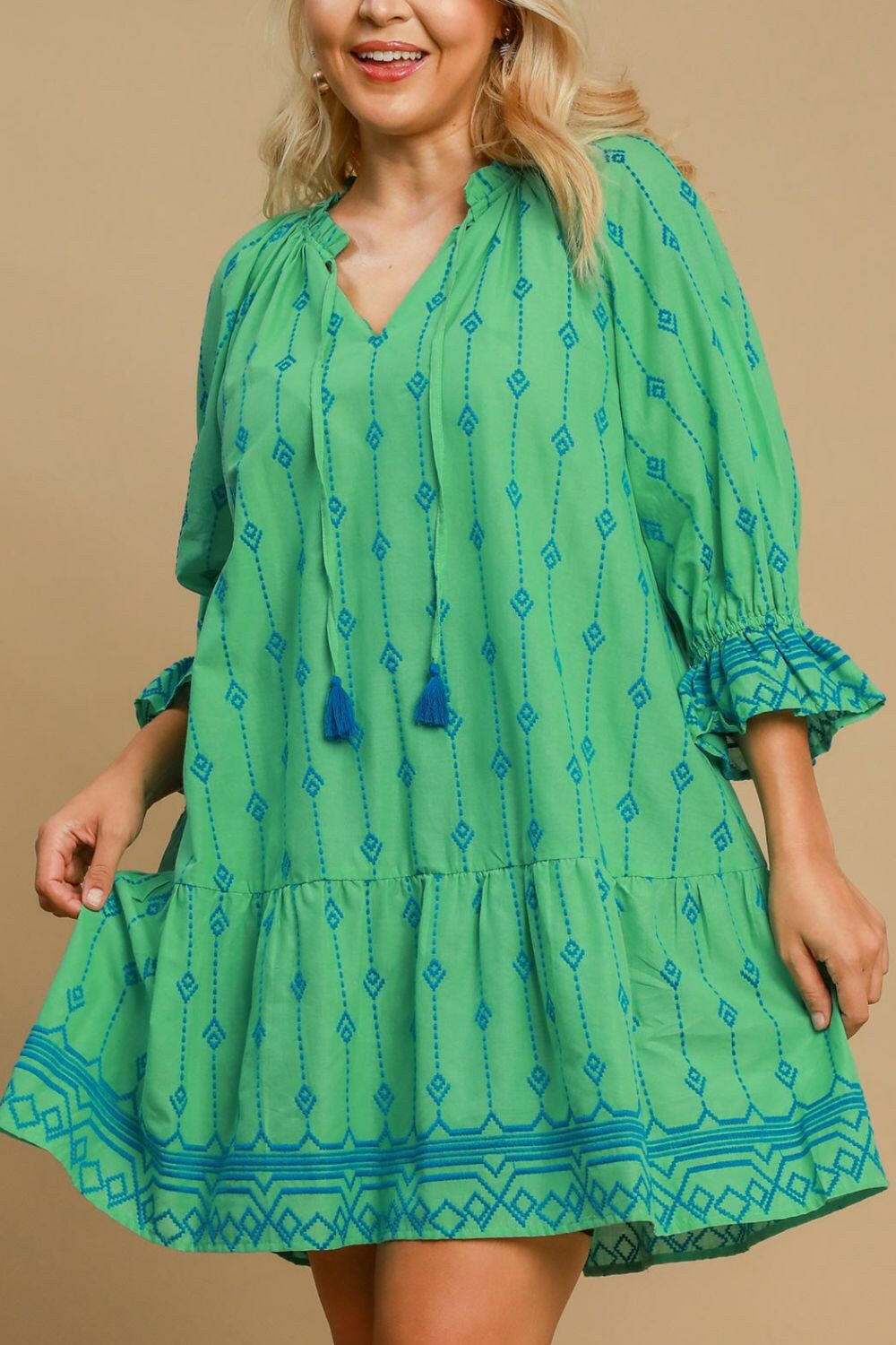 Umgee Full Size Tassel Embroidered Flounce Sleeve Mini Dress Plus Size - StyleLure