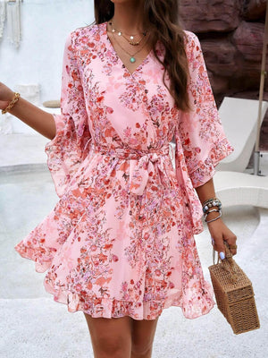 Devine Ruffled Printed Surplice Half Sleeve Mini Dress - StyleLure