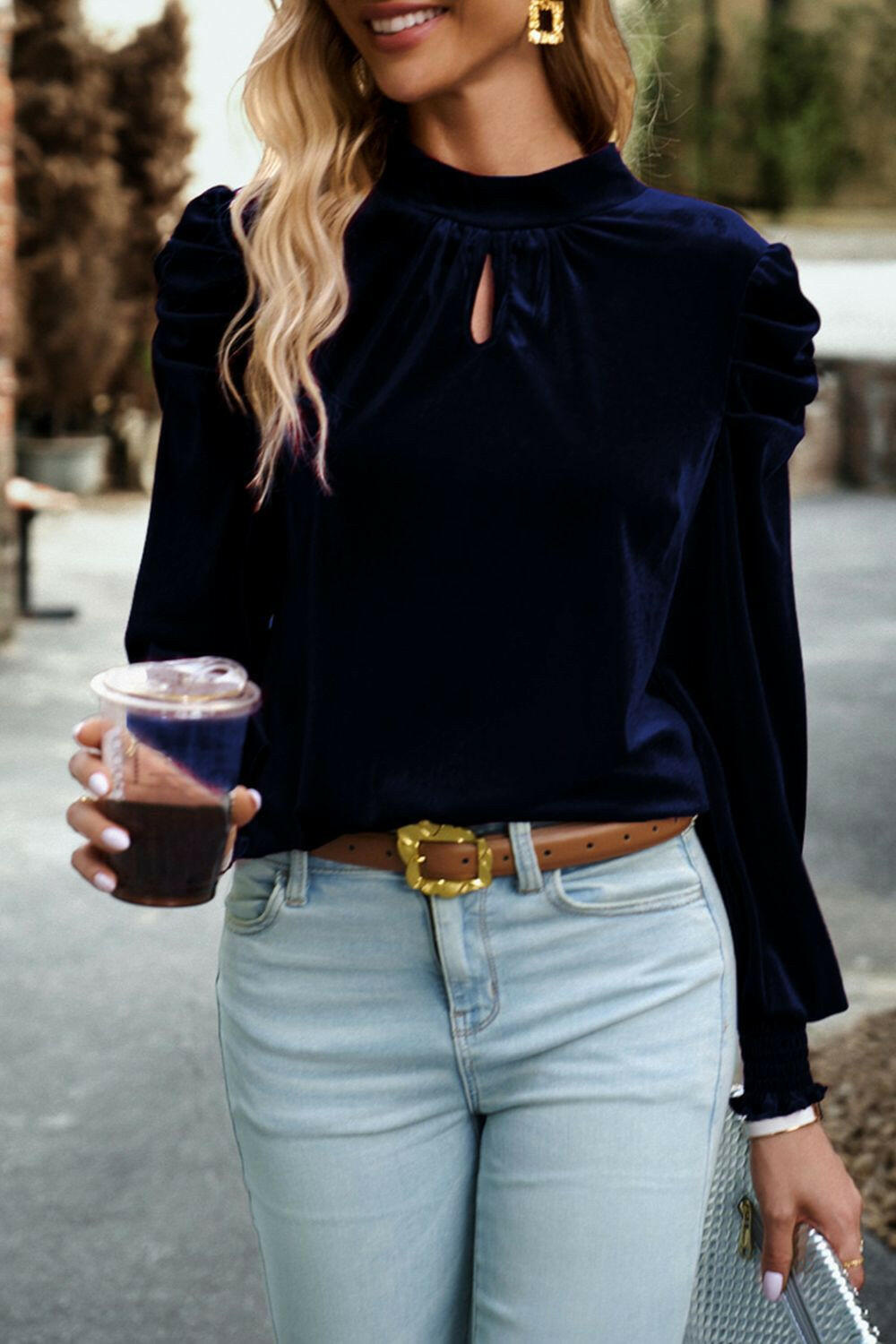 Tie Up Mock Neck Velvet Fabric Long Sleeve Blouse - StyleLure