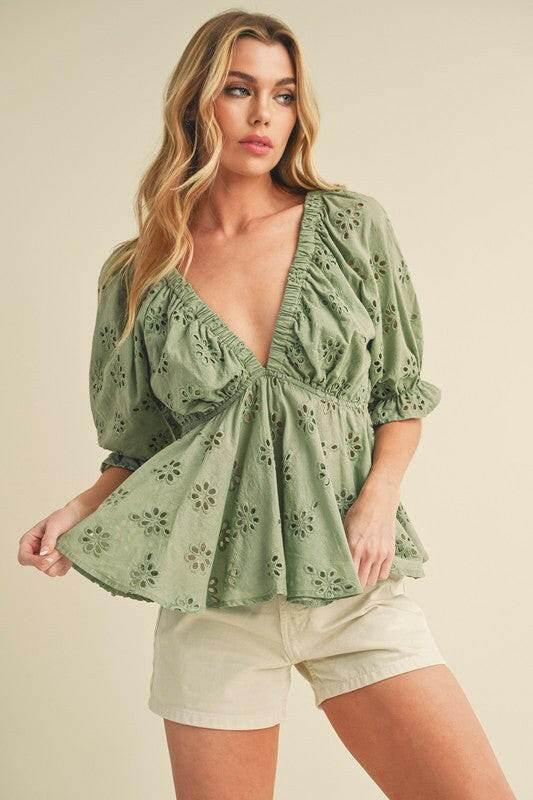 Aemi + Co Eyelet Embroidered V-Neck Half Sleeve Peplum Blouse - StyleLure