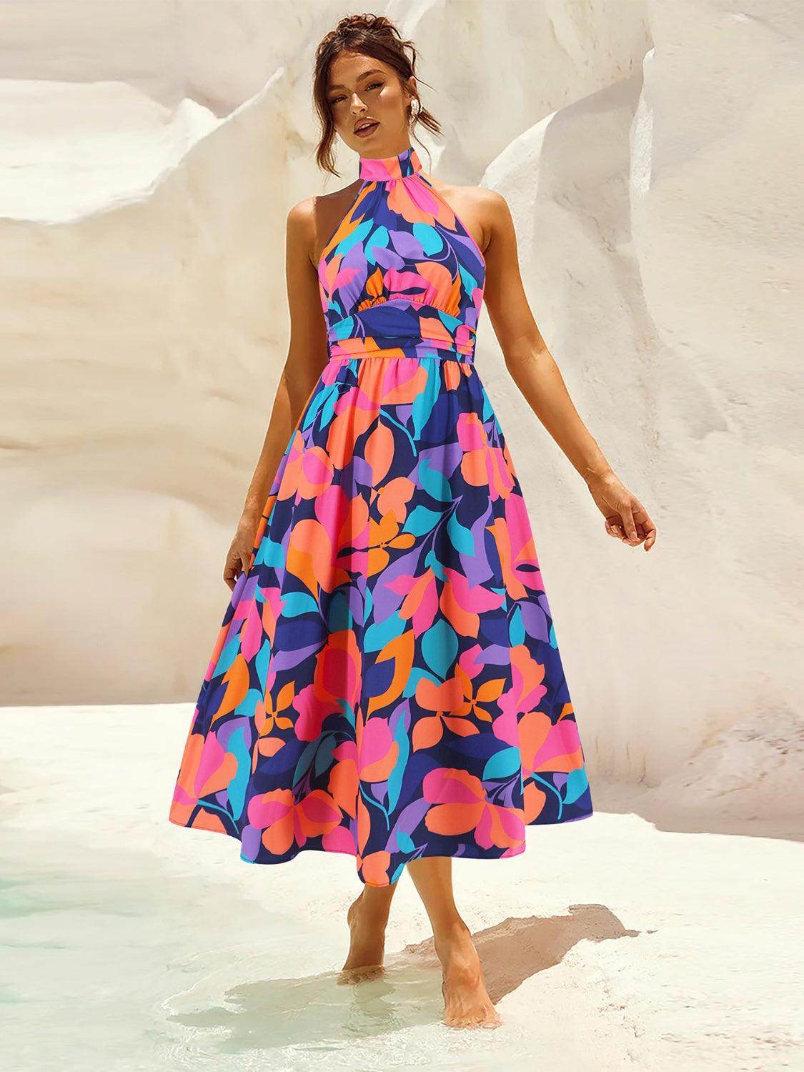 Ruched Printed Halter Neck Dress - StyleLure