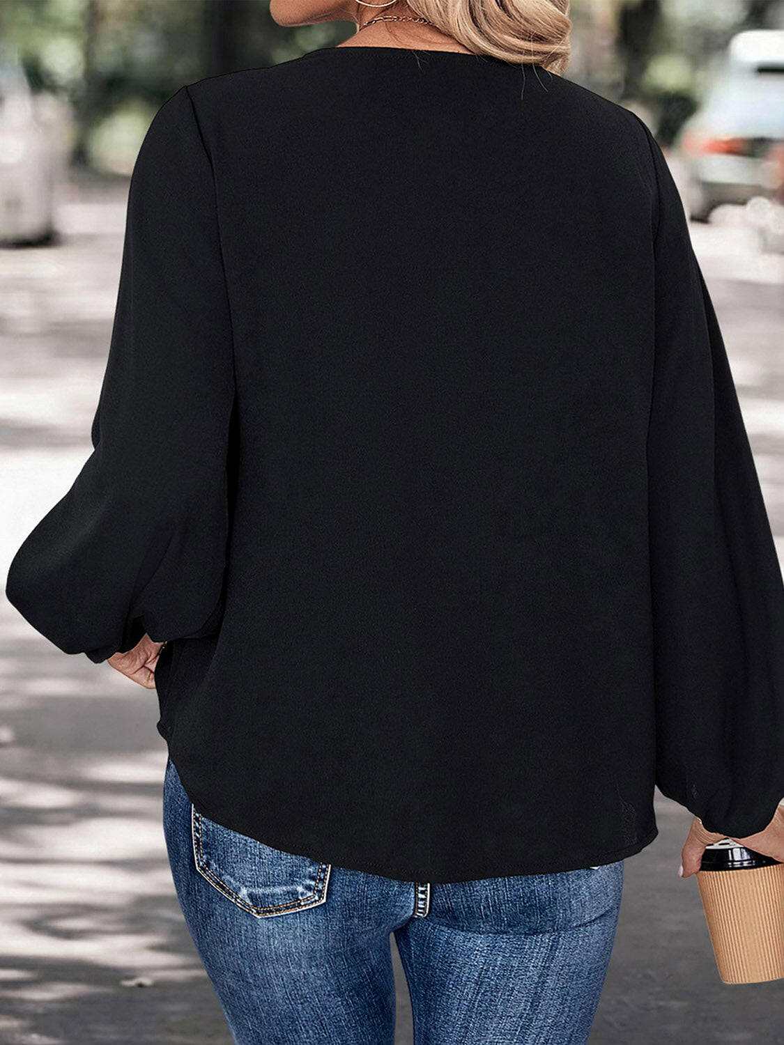 Perfee Contrast V-Neck Long Sleeve Blouse - StyleLure