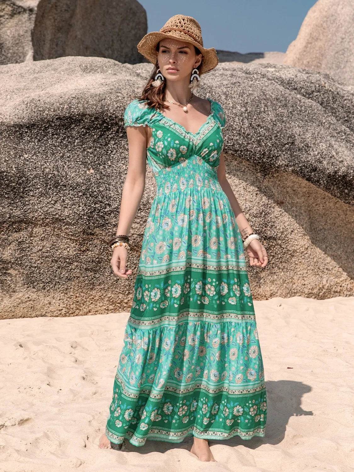 Smocked Printed V-Neck Dress - StyleLure