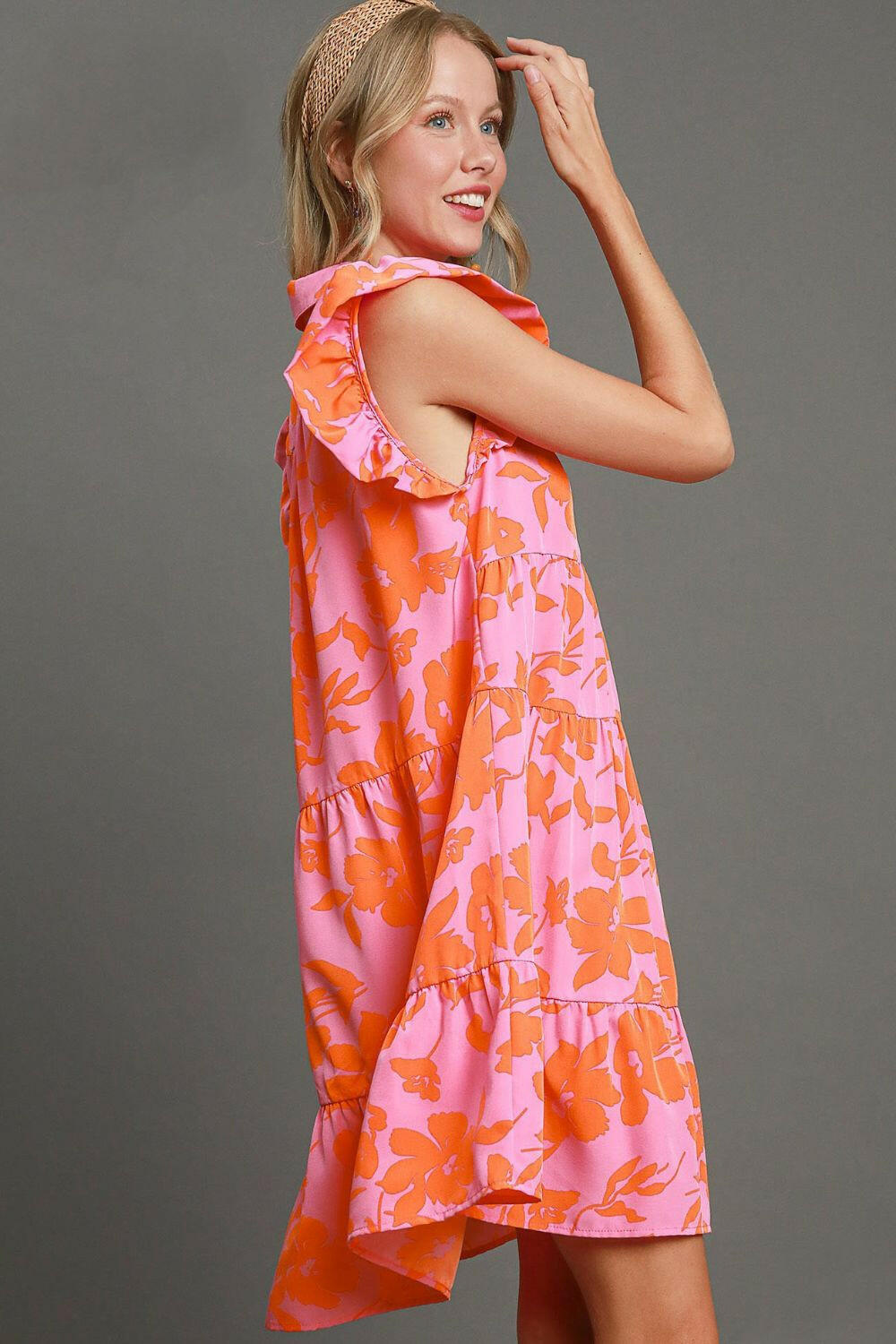 Umgee Full Size Floral Print Ruffle Cap Sleeve Tiered Dress Plus Size - StyleLure