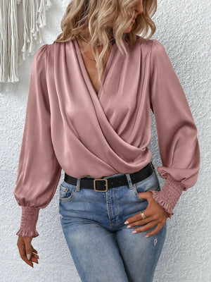 Surplice Smocked Lantern Sleeve Blouse - StyleLure