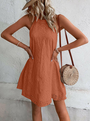 Eyelet Grecian Neck Mini Dress - StyleLure