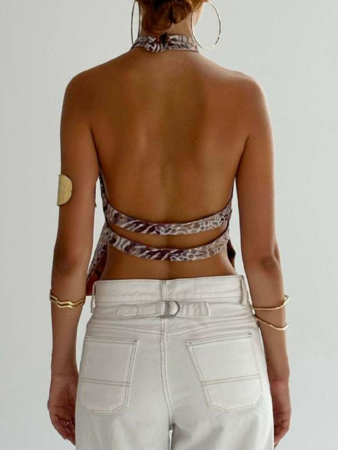 Backless Printed Halter Neck Tank - StyleLure