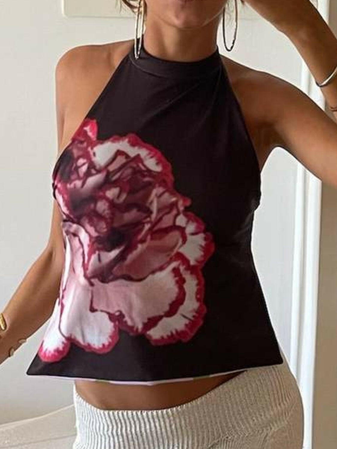 Backless Printed Halter Neck Tank - StyleLure