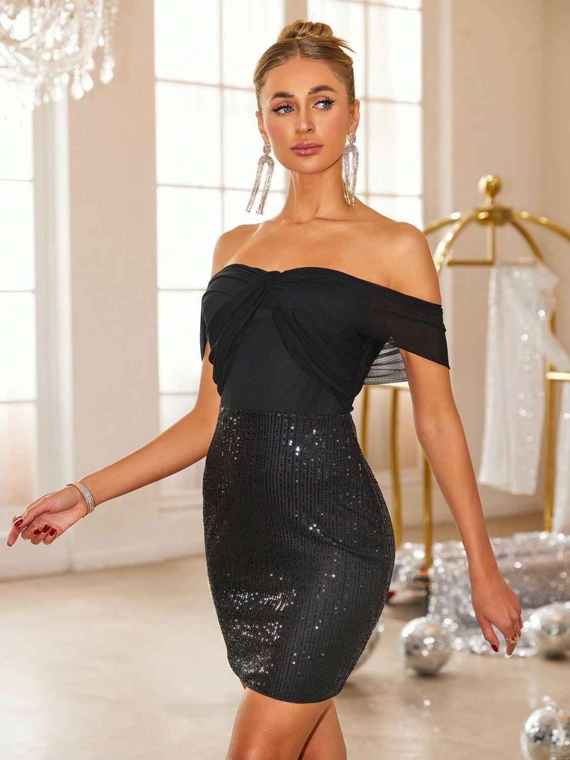 Backless Sequin Off Shoulder Short Sleeve Dress - StyleLure