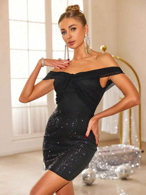 Backless Sequin Off Shoulder Short Sleeve Dress - StyleLure