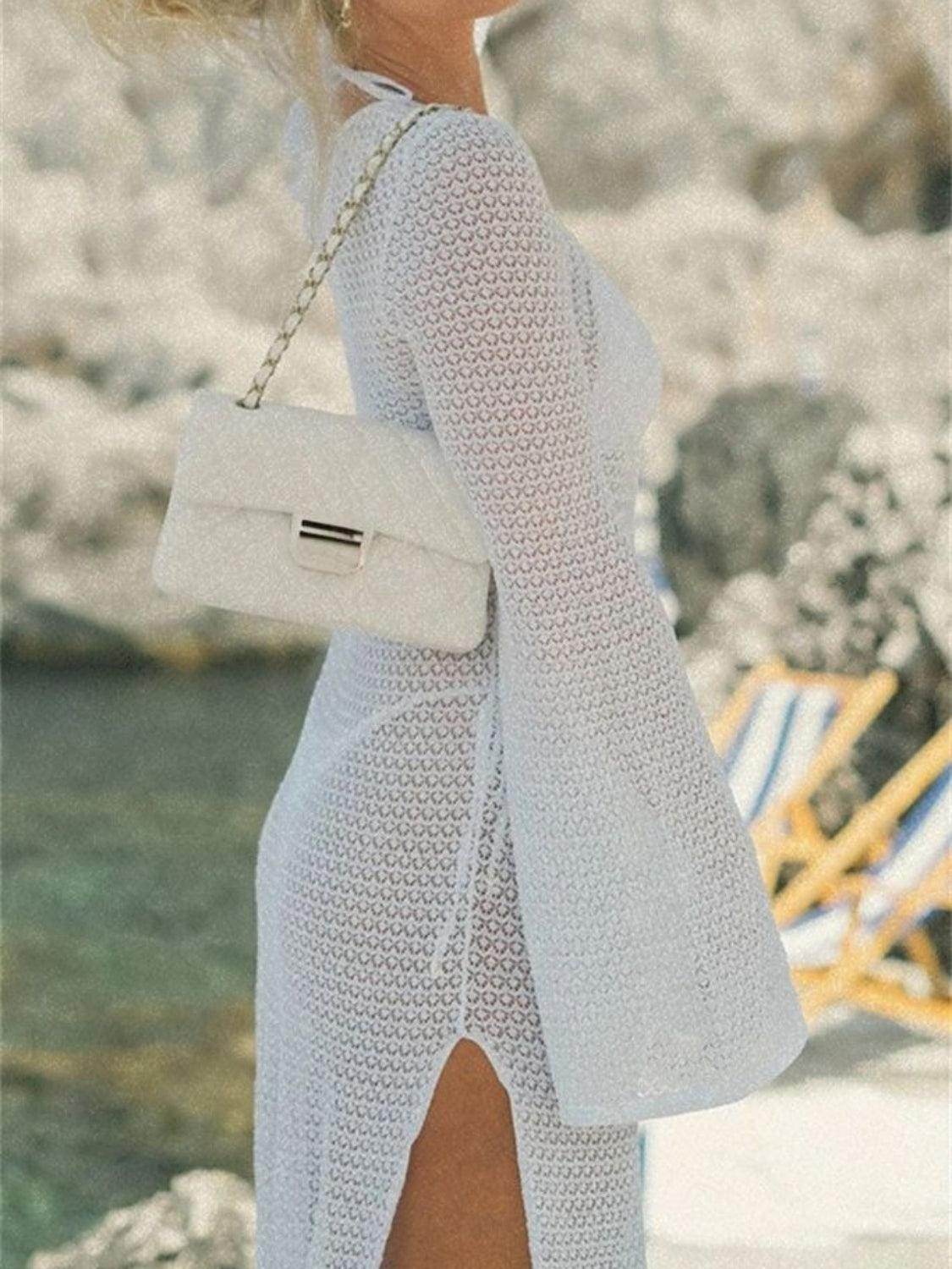 Slit Plunge Flare Sleeve Cover-Up Dress - StyleLure