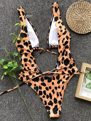 Lace-Up Backless Plunge One-Piece Swimwear - StyleLure