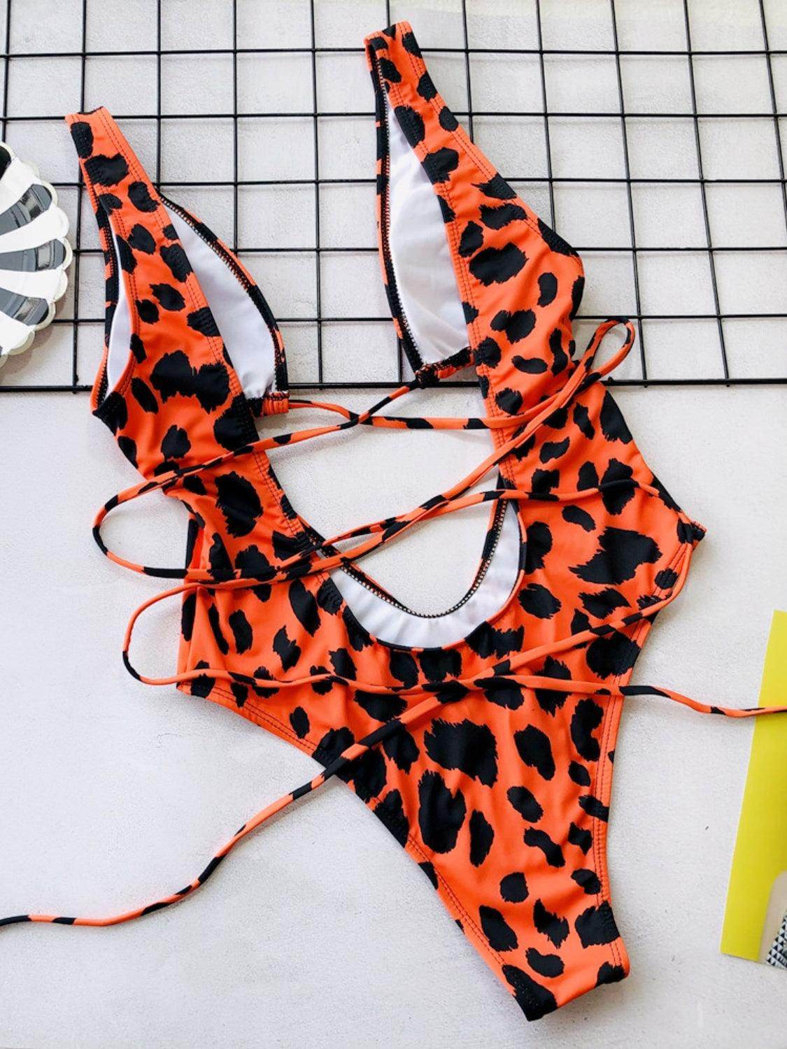 Lace-Up Backless Plunge One-Piece Swimwear - StyleLure