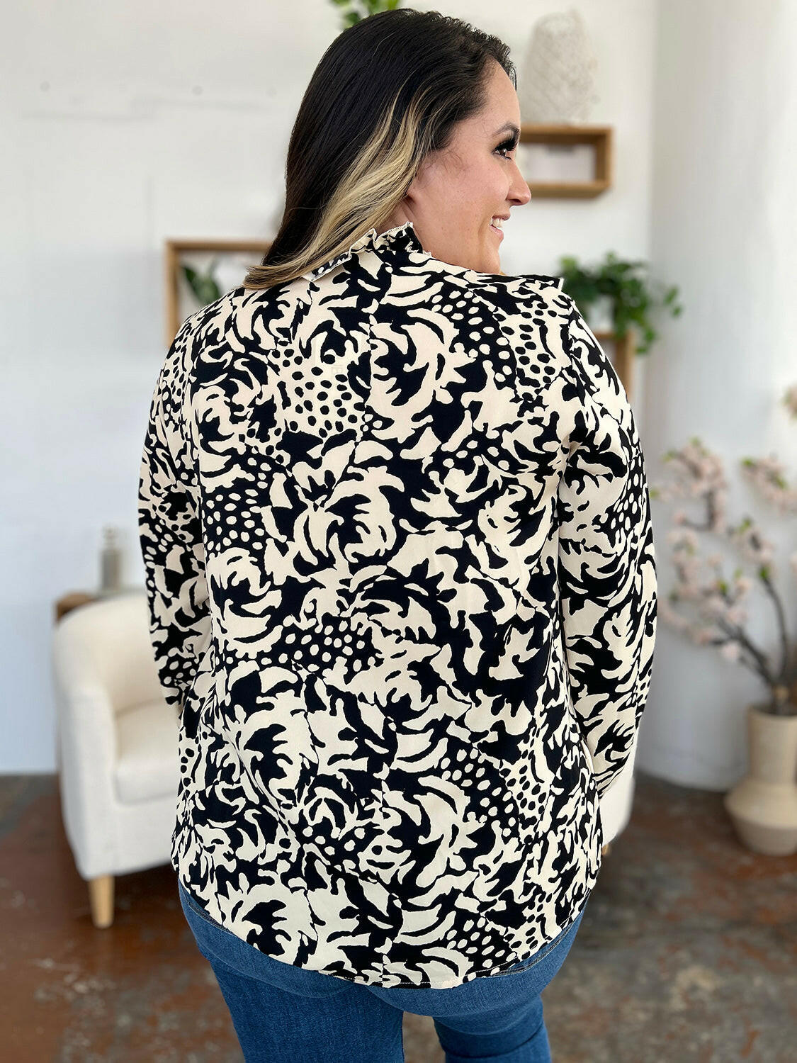 Double Take Full Size Printed Ruffle Trim Balloon Sleeve Shirt - StyleLure
