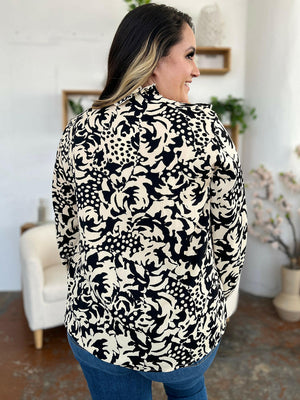 Double Take Full Size Printed Ruffle Trim Balloon Sleeve Shirt - StyleLure