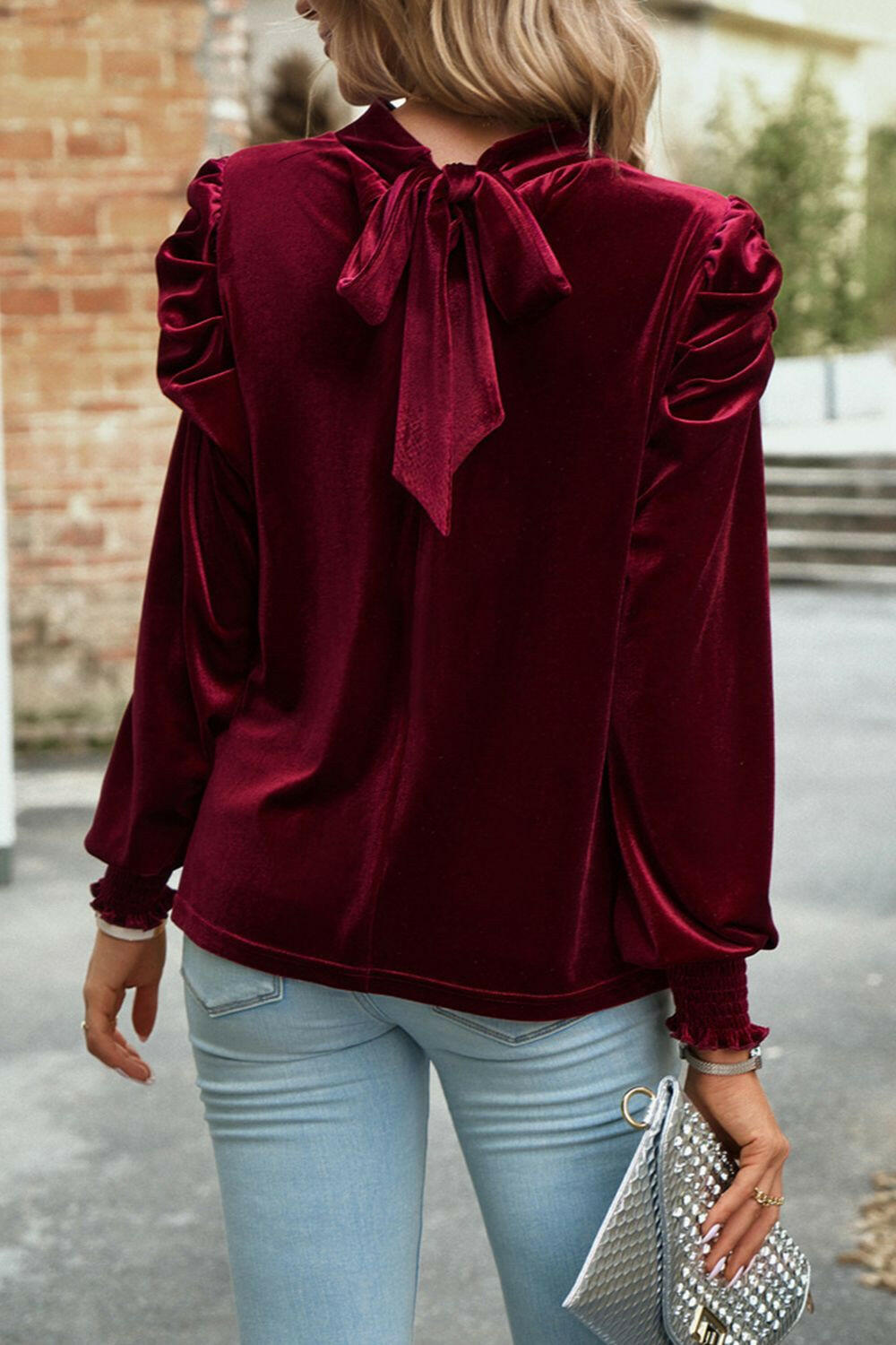 Tie Up Mock Neck Velvet Fabric Long Sleeve Blouse - StyleLure
