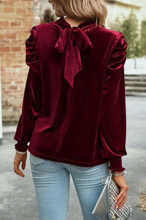 Tie Up Mock Neck Velvet Fabric Long Sleeve Blouse - StyleLure