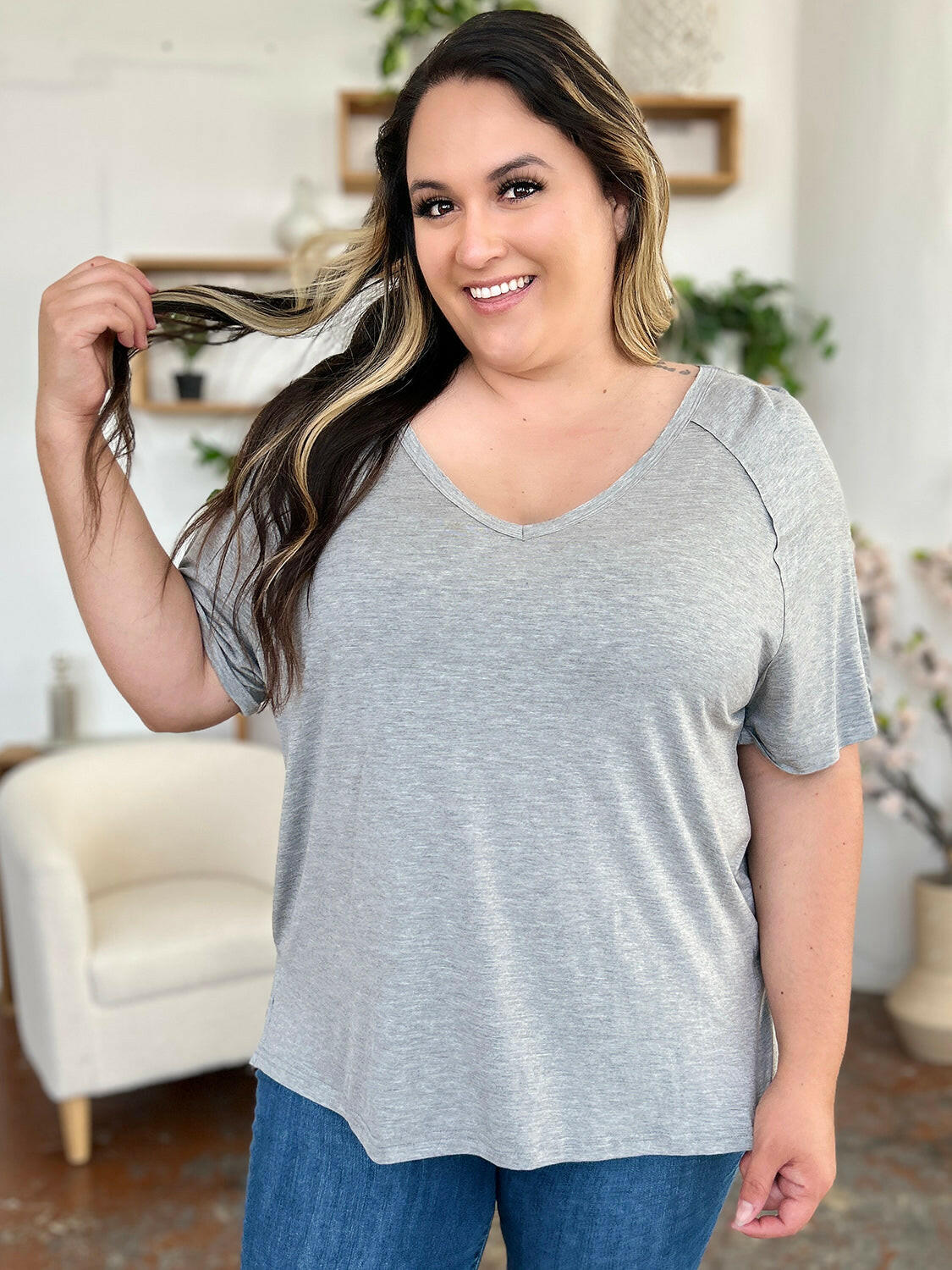 Basic Bae Full Size Bamboo Slit V-Neck Short Sleeve T-Shirt - StyleLure