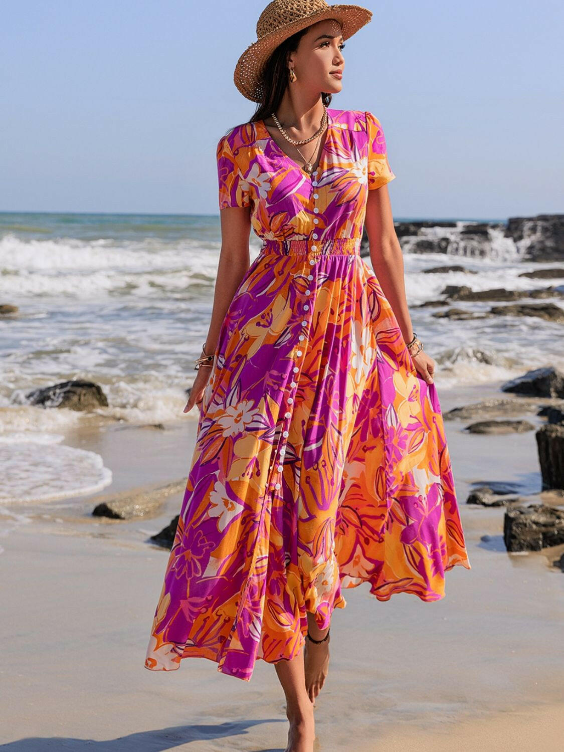 Printed V-Neck Short Sleeve Midi Dress - StyleLure