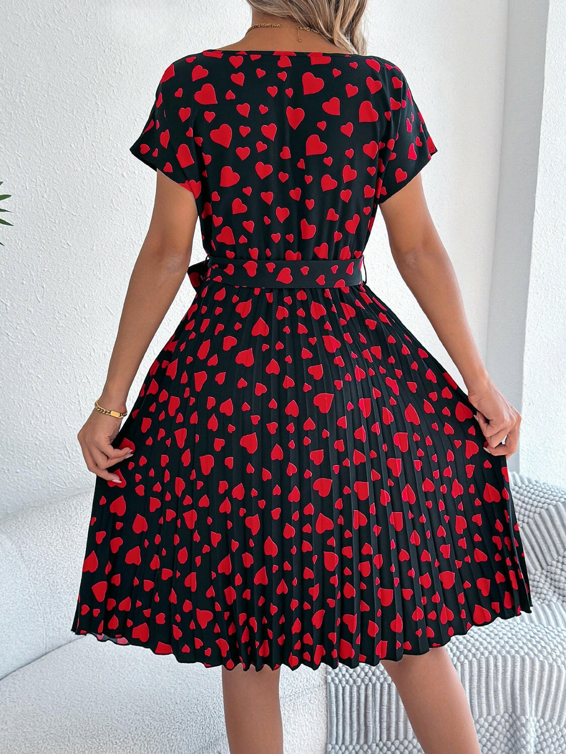 Heart Print Short Sleeve Tie Waist Dress - StyleLure