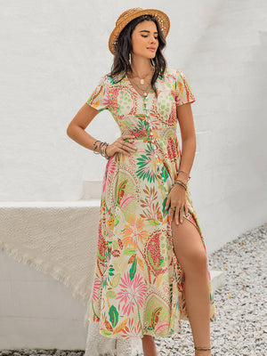 Printed V-Neck Short Sleeve Midi Dress - StyleLure