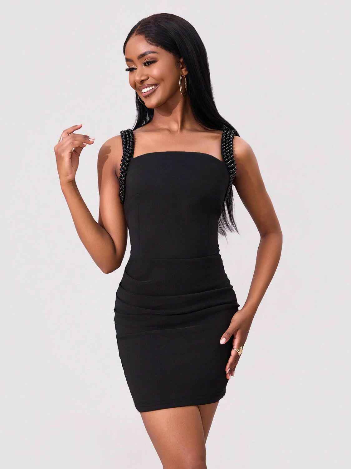 Bead Trim Wide Strap Wrap Dress - StyleLure