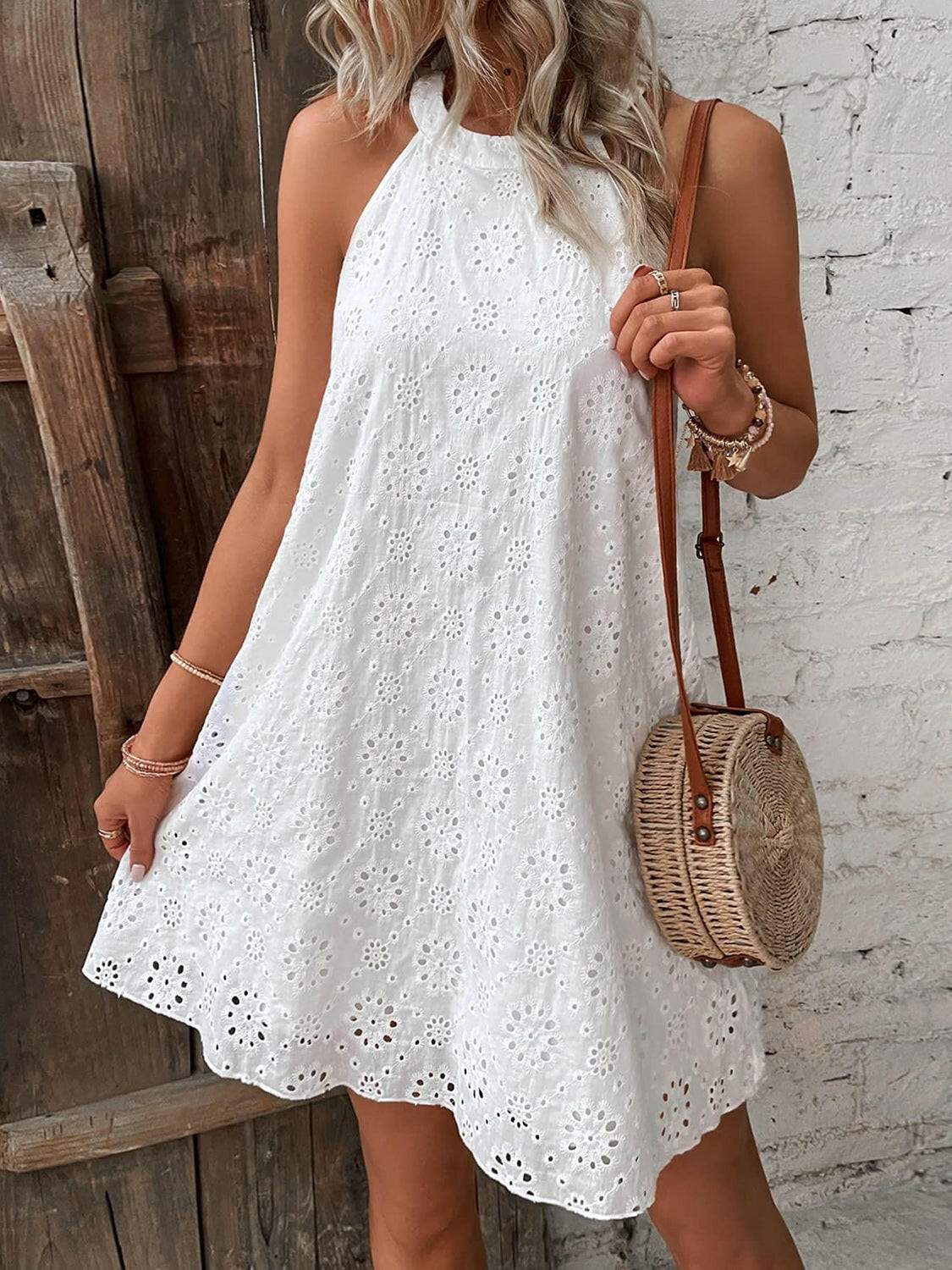 Eyelet Grecian Neck Mini Dress - StyleLure