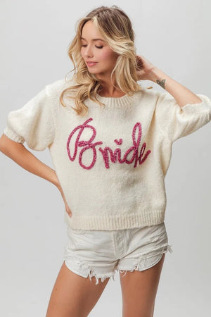 BiBi Metallic Letter Short Puff Sleeve Hairy Sweater - StyleLure