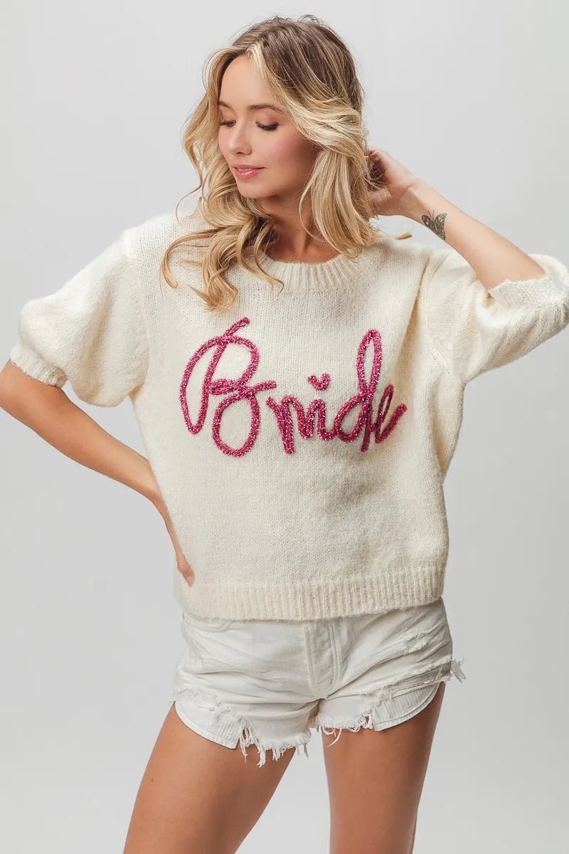 BiBi Metallic Letter Short Puff Sleeve Hairy Sweater - StyleLure