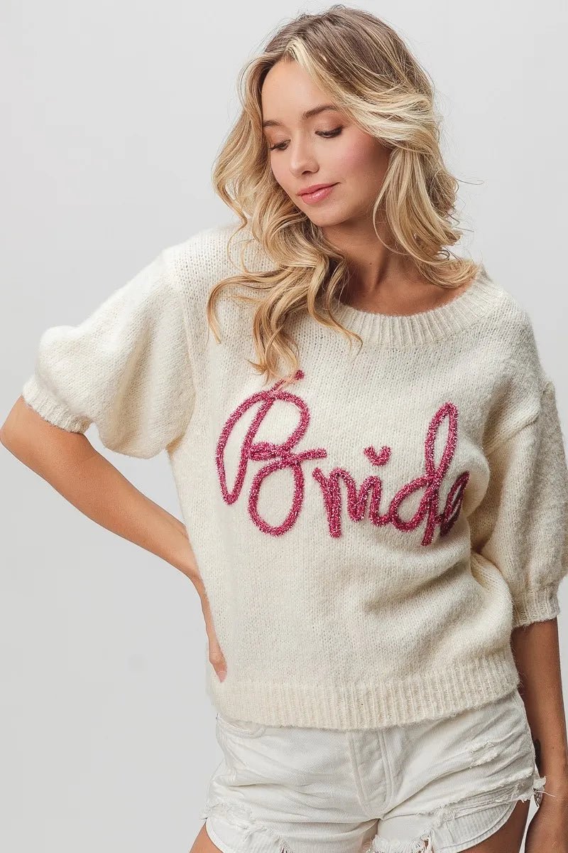 BiBi Metallic Letter Short Puff Sleeve Hairy Sweater - StyleLure