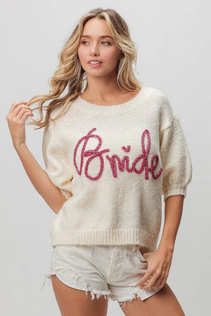 BiBi Metallic Letter Short Puff Sleeve Hairy Sweater - StyleLure