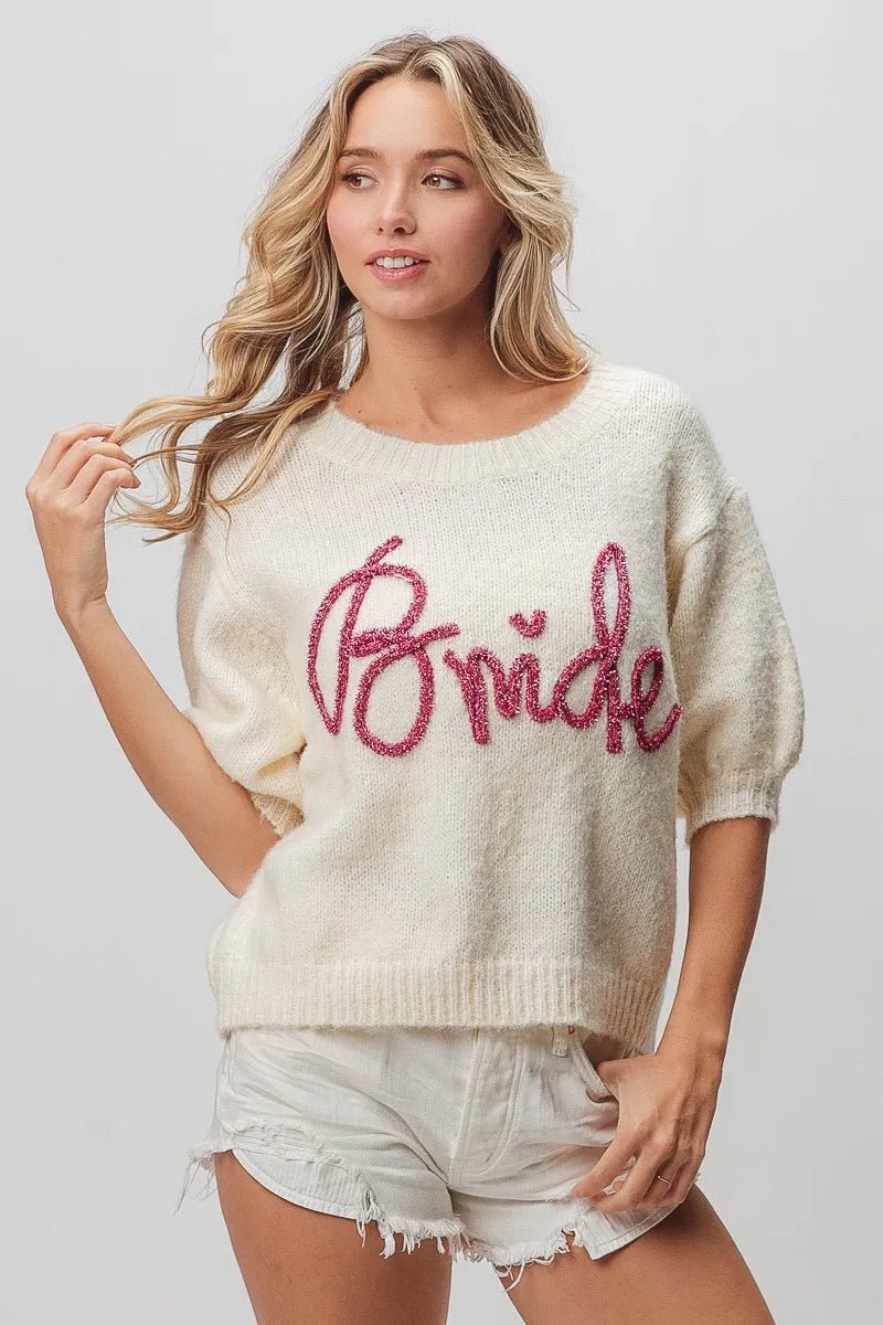 BiBi Metallic Letter Short Puff Sleeve Hairy Sweater - StyleLure