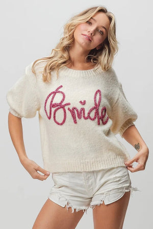 BiBi Metallic Letter Short Puff Sleeve Hairy Sweater - StyleLure