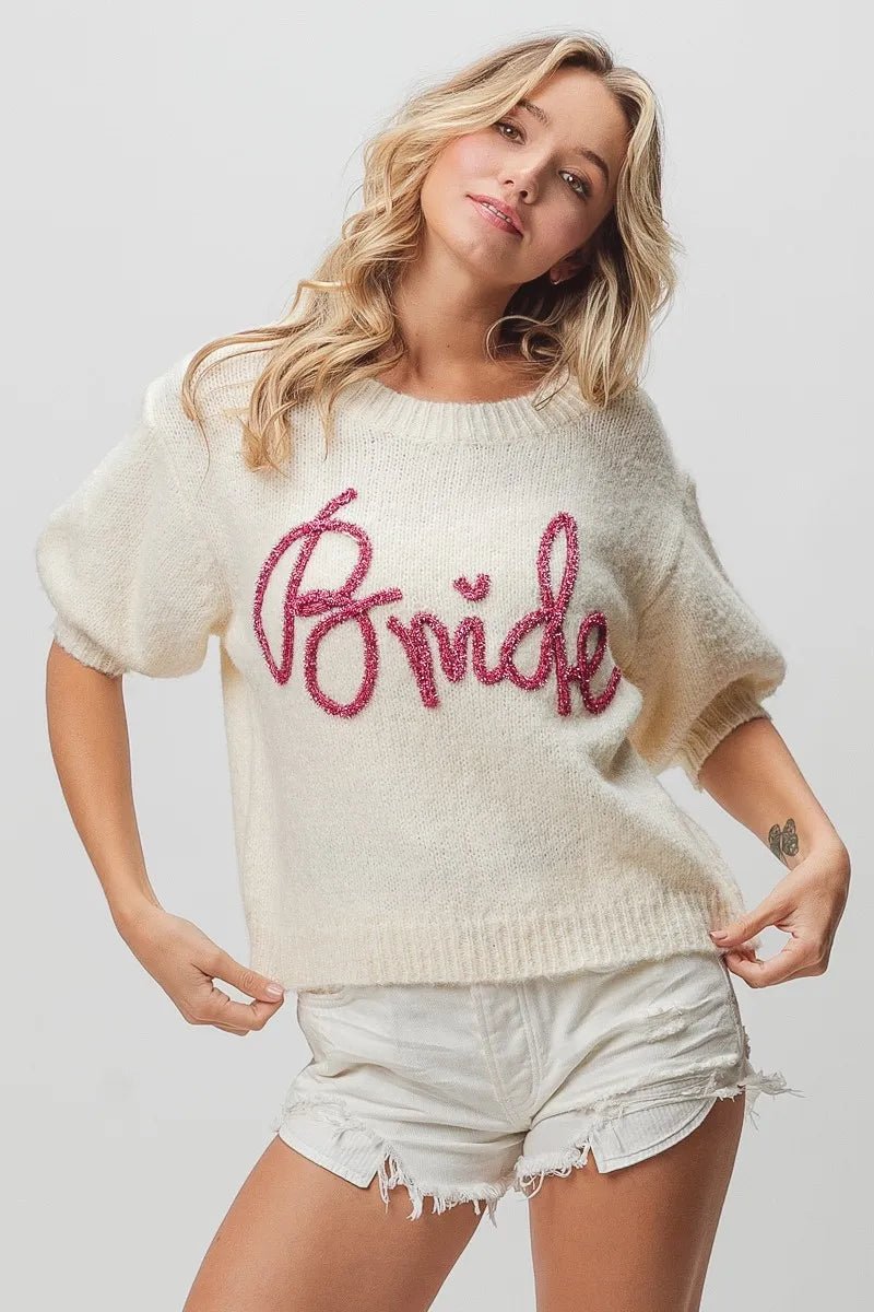 BiBi Metallic Letter Short Puff Sleeve Hairy Sweater - StyleLure