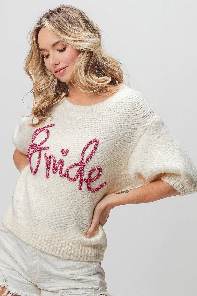 BiBi Metallic Letter Short Puff Sleeve Hairy Sweater - StyleLure