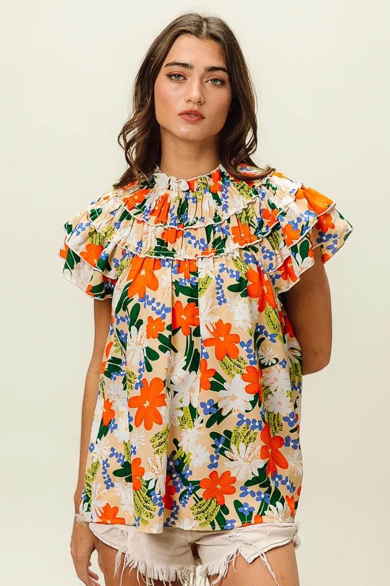 BiBi Multi Color Floral Print Woven Top - StyleLure