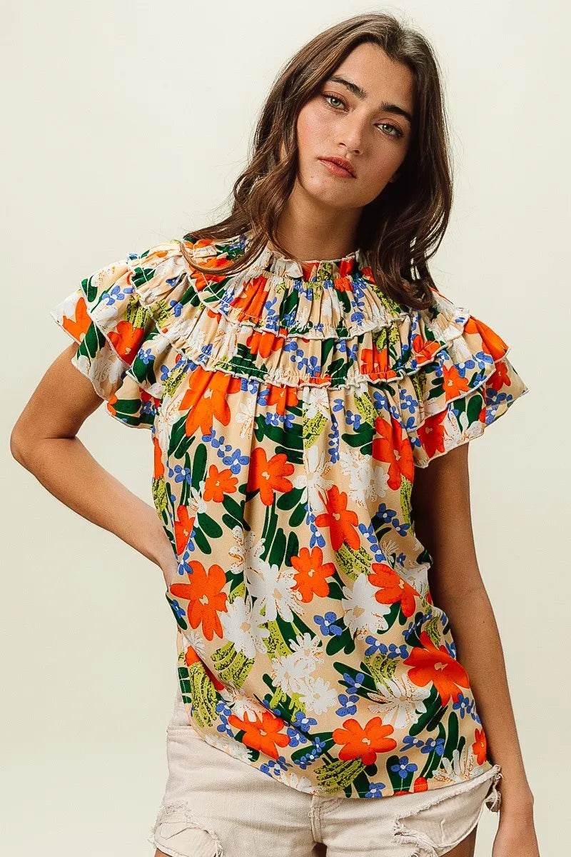 BiBi Multi Color Floral Print Woven Top - StyleLure