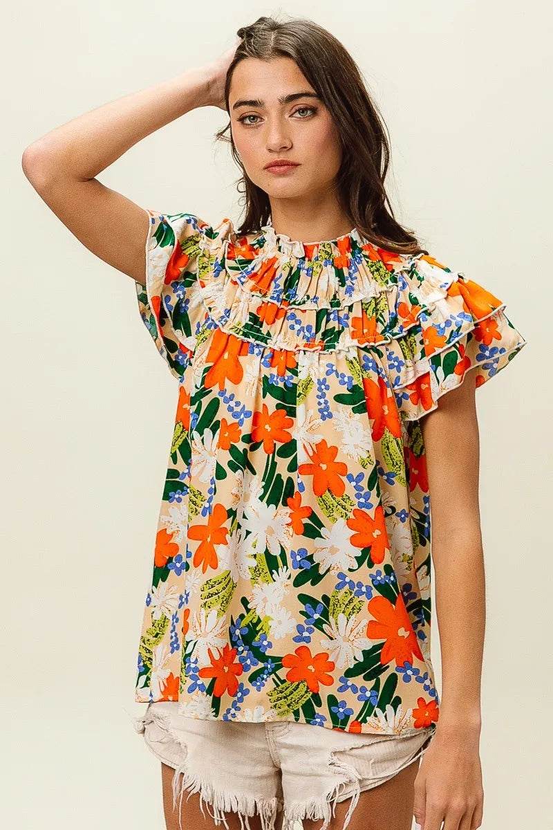 BiBi Multi Color Floral Print Woven Top - StyleLure