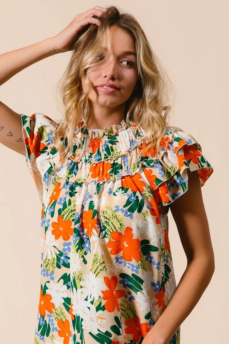 BiBi Multi Color Floral Print Woven Top - StyleLure