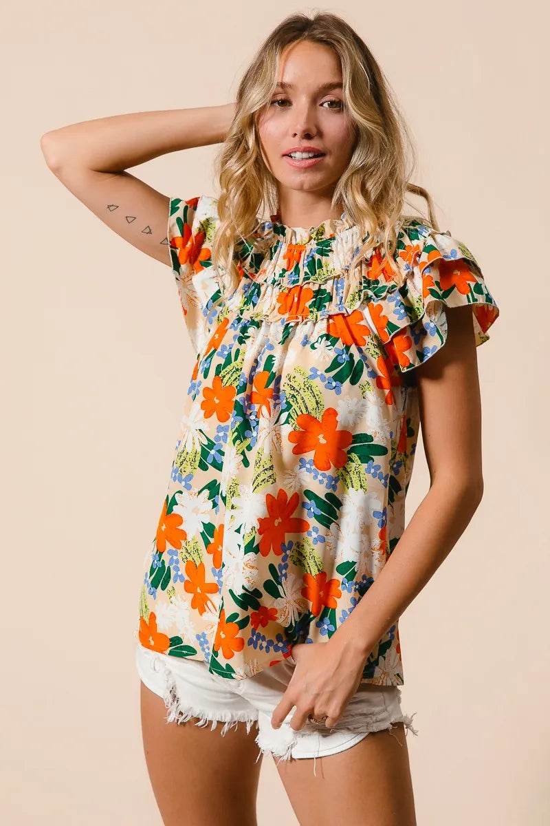 BiBi Multi Color Floral Print Woven Top - StyleLure