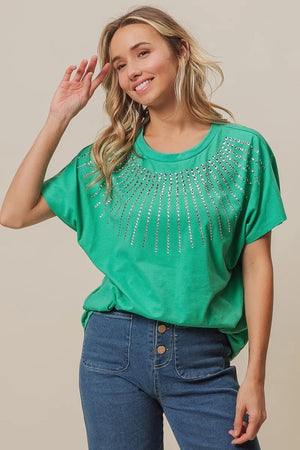 BiBi Rhinestone Beaded Short Sleeve Top - StyleLure