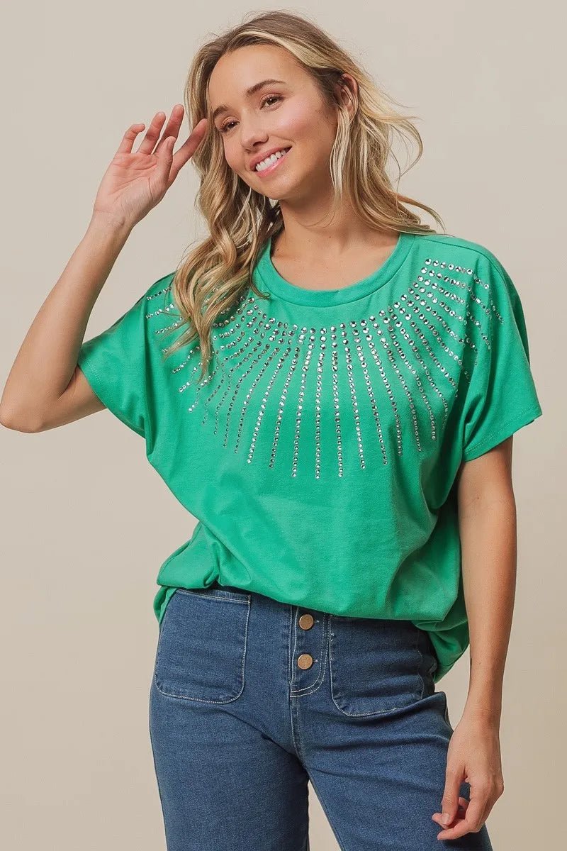 BiBi Rhinestone Beaded Short Sleeve Top - StyleLure